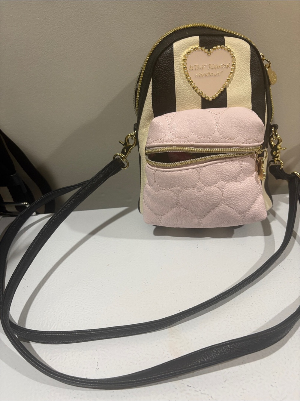 Betsey Johnson Mini Backpack striped black white light pink front zipped 8.5”